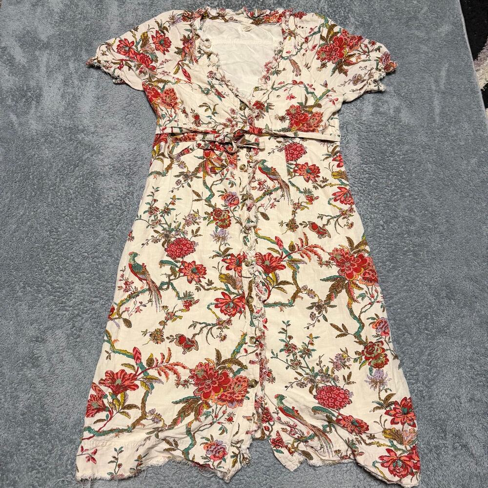 Anthropologie Pilcro Dress Womens 14 Linen Blend Floral Birds Button Down